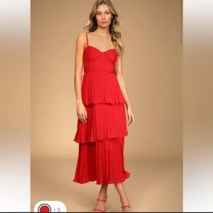 Lulus Cascading Crush Red Tiered Bustier Midi Dress